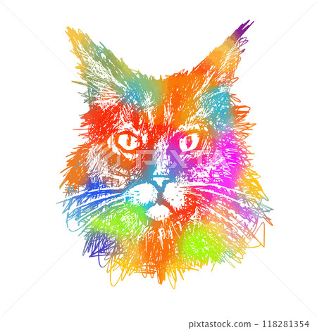 Beautiful colored cat. Rainbow Maine Coon cat. hand drawing. Not AI, Vector illustration Beautiful colored cat. Rainbow Maine Coon cat. hand drawing. Not AI, Vector illustration 118281354