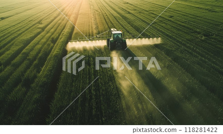 Tractor to spray useful pesticides over large plant beds and fields for better harvest, watering young plants 118281422