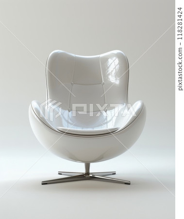 Empty, swivel, white egg chair on chrome base on wheels made of smooth leather isolated on white background, elegant modern furniture design for office 118281424