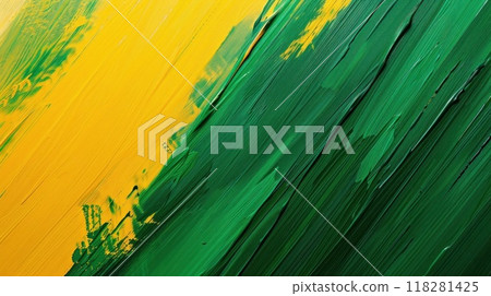 Background with textured oil painting on canvas, deep green and yellow acrylic paint strokes, spots and brushstrokes create with depth and movement 118281425