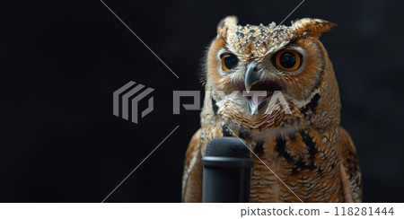 Serious eagle owl speak or singing in microphone on concert at the stage. Banner with eagle owl singer on black background, copy space Serious eagle owl speak or singing in microphone on concert at the stage. Banner with eagle owl singer on black background, copy space 118281444