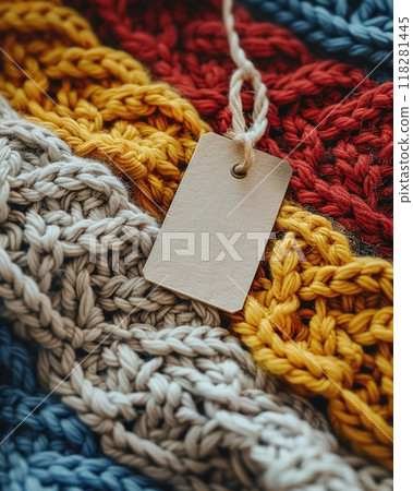 Empty, white, blank rectangular tag tied to colorful knitted background with pattern, mock up cardboard label to show price, brand or discount in store Empty, white, blank rectangular tag tied to colorful knitted background with pattern, mock up cardboard label to show price, brand or discount in store 118281445