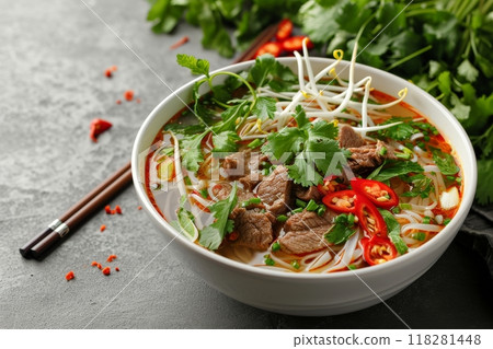 Close up of Pho Bo vietnamese soup with beef, soy sprouts, cilantro and sliced lime in white bowl with chopsticks on grey concrete background, traditional asian cuisine 118281448