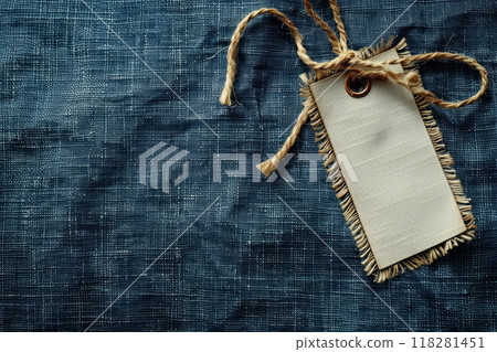 Empty, white, mock up cardboard tag on texture denim cloth with copy space, blank label on jeans clothes for price, name brand or sale, discount information 118281451