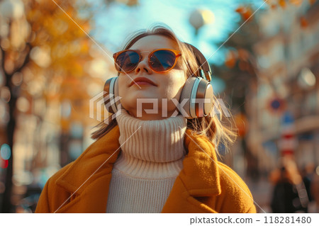 Young caucasian woman dressed in warm clothes wearing headphones and sunglasses walks around the city and listen to music, sunny autumn day, girl with happy face and smile 118281480