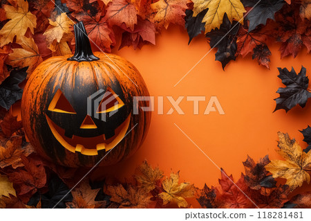 Jack o lantern surrounded colorful fall leaves, festive Halloween pumpkin top view on orange background with copy space 118281481