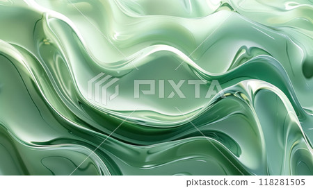 Glowing metallic green liquid flows beautifully in smooth waves, dynamic abstract background shimmering with reflections 118281505