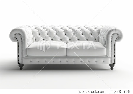 Exquisite, modern retro style white leather sofa with tufted upholstery isolated on white solid background, empty luxurious furniture for home, office or reception 118281506