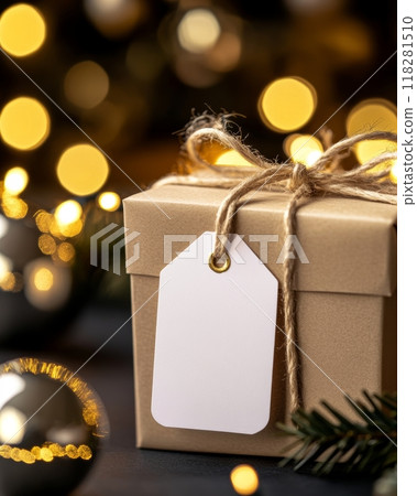 New year gift box wrapped in craft paper tied with rope with white tag or label for name, greeting or information on blurred background with bokeh lights and Christmas decorations 118281510