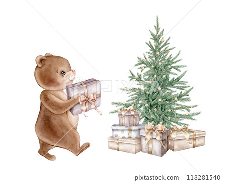 Watercolor green classic Christmas tree and bear with gift isolated on white background. Hand drawn illustration sketch fir tree. Needles for New year design holidays in pastel colors Watercolor green classic Christmas tree and bear with gift isolated on white background. Hand drawn illustration sketch fir tree. Needles for New year design holidays in pastel colors 118281540