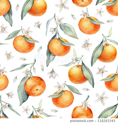 Seamless Pattern with Orange Fruit Branches, green leaves and white flower. Hand drawn watercolor illustration of citrus food for textile design. Print with tangerine on white isolated background. 118281543