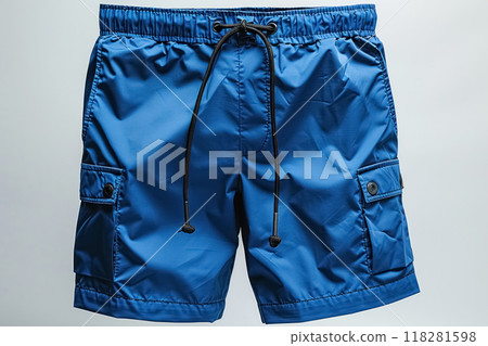 Blue men's swimming trunks on string with pockets isolated on white background, product photo 118281598