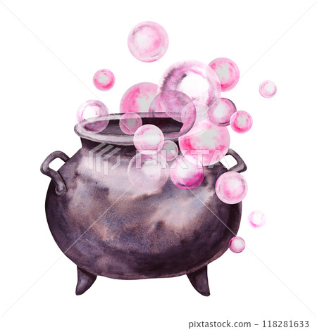 Black cast iron cauldron for brewing potions. Esoteric attribute of a witch, sorcerer, gypsy, fortune teller, psychic. Clipart for Halloween, Sabbath, theme party. Watercolor hand-drawn illustration Black cast iron cauldron for brewing potions. Esoteric attribute of a witch, sorcerer, gypsy, fortune teller, psychic. Clipart for Halloween, Sabbath, theme party. Watercolor hand-drawn illustration 118281633