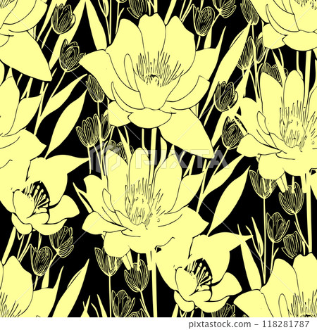 seamless black and yellow floral pattern, monochrome ornament, design, texture seamless black and yellow floral pattern, monochrome ornament, design, texture 118281787