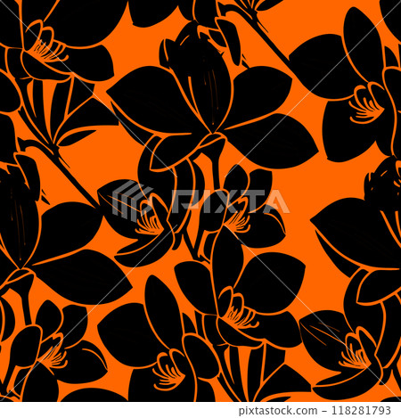 seamless black and orange floral pattern, monochrome ornament, design, texture seamless black and orange floral pattern, monochrome ornament, design, texture 118281793