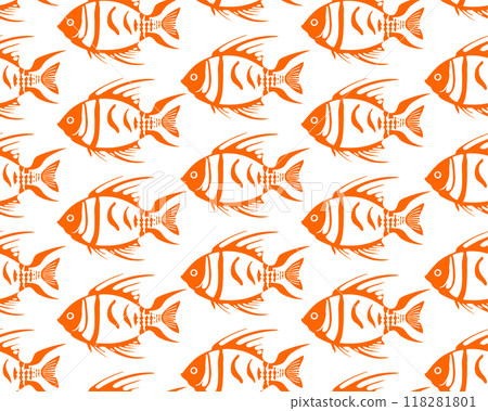 simple seamless pattern of orange graphic fish on a white background, texture, design simple seamless pattern of orange graphic fish on a white background, texture, design 118281801