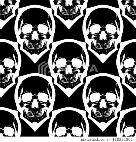 seamless symmetrical pattern of white human skulls on a black background, texture, design 118281802