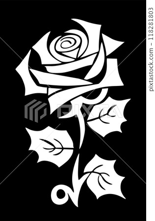 white graphic drawing of a rose flower with leaves on a black background, logo white graphic drawing of a rose flower with leaves on a black background, logo 118281803