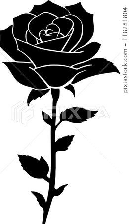 black graphic drawing of a rose flower with leaves, monochrome, decorative element black graphic drawing of a rose flower with leaves, monochrome, decorative element 118281804