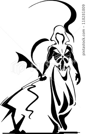 Black graphic silhouette of the reaper of death, badge, logo, tattoo 118281809