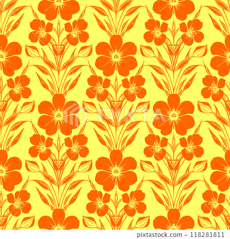 seamless pattern of orange flowers on a yellow background, texture, background seamless pattern of orange flowers on a yellow background, texture, background 118281811