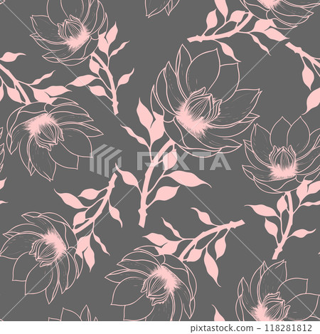 simple graphic seamless pattern of pink magnolia flowers on a gray background, texture simple graphic seamless pattern of pink magnolia flowers on a gray background, texture 118281812