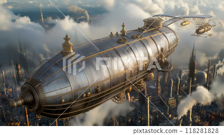 Victorian Steampunk Airship Flying Over City 118281828