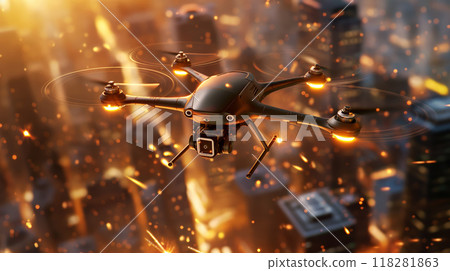 Military Drone Providing Air Support in City 118281863