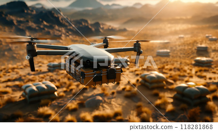 Military Drone Delivering Supplies in Desert 118281868