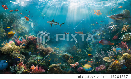 Vibrant Underwater Coral Reef with Tropical Fish 118281887
