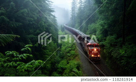 Freight Train Winding Through a Misty Forest Landscape 118281914
