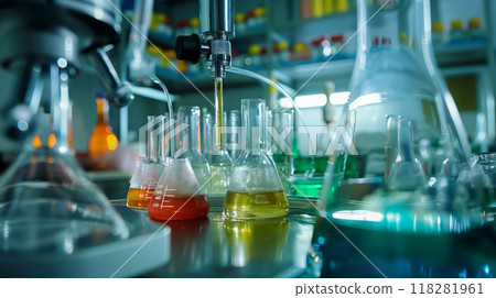 Hollywood-Style Shot of a Chemical Laboratory with Orange Solutions 118281961