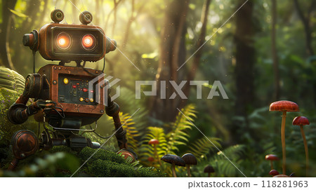 Whimsical Scene of a Large Colorful Robot Standing in a Lush Forest with Mushrooms 118281963