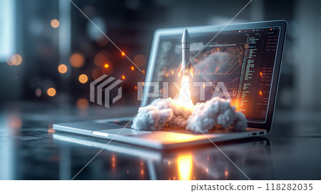 Rocket Launching from Laptop Symbolizing Innovation and Technology Rocket Launching from Laptop Symbolizing Innovation and Technology 118282035