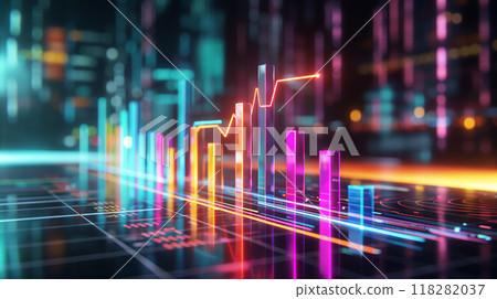 Vibrant Neon-Themed 3D Bar Chart with Bars in Various Colors and Heights 118282037