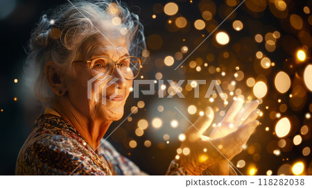 Wise Elderly Woman with Silver Hair and Glasses Smiling Brightly 118282038