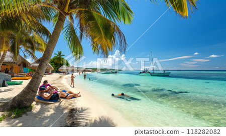 Tourists Relaxing on a Pristine Tropical Beach with Clear Blue Waters 118282082