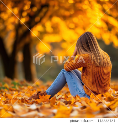 Autumn Serenity: A Woman Embracing Nature's Colorful Embrace 118282121