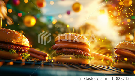 Sizzling Summer Grill: Delicious Burgers in a Vibrant Outdoor Setting 118282133