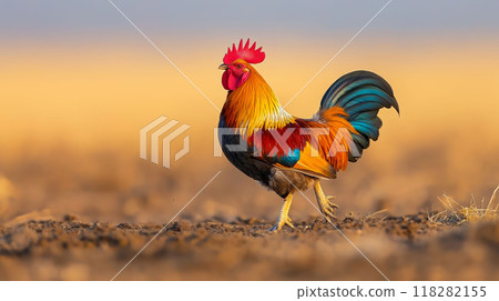 Vibrant Rooster in Golden Hues: A Standout on Dusty Ground 118282155
