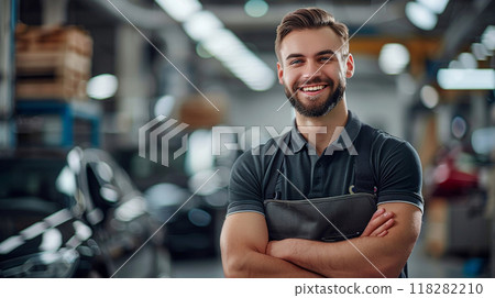 Smiling auto mechanic in a workshop Smiling auto mechanic in a workshop 118282210