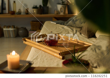 Bamboo tray with glass and teapot Bamboo tray with glass and teapot 118282251