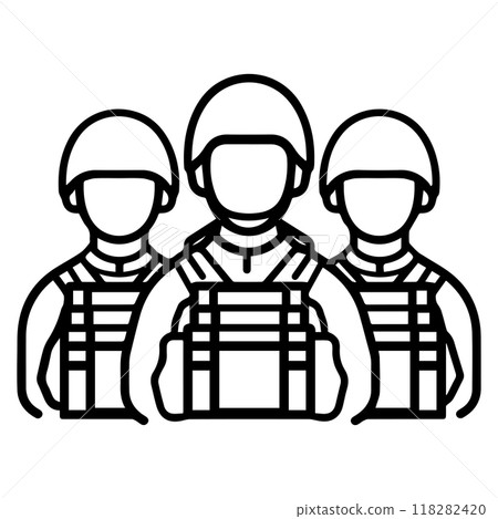 troop icon or modern line symbol. Vector line art and icon design with bold outline. Black and white Pixel Perfect minimalistic symbol isolated white background. Silhouette simple thin sign troop icon or modern line symbol. Vector line art and icon design with bold outline. Black and white Pixel Perfect minimalistic symbol isolated white background. Silhouette simple thin sign 118282420