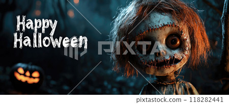 Scary illustration for Happy Halloween theme, broken spooky doll and greeting in forest. Concept of horror, card, party, design, invitation Scary illustration for Happy Halloween theme, broken spooky doll and greeting in forest. Concept of horror, card, party, design, invitation 118282441