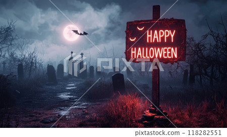 Old neon sign Happy Halloween at misty graveyard, scary dark scene at cemetery at night. Concept of horror, background, grave, landscape. 118282551