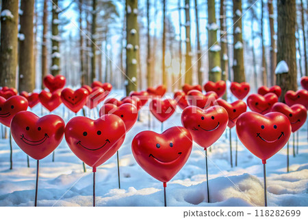 Valentine's Day. Many smiling red hearts in the winter forest 118282699