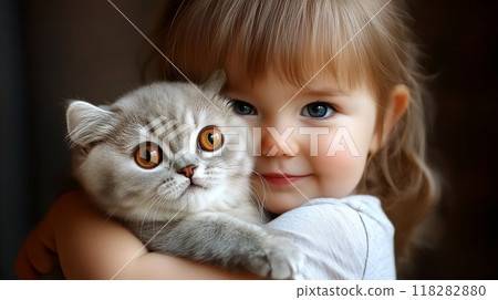 An intimate moment between a child and a cat An intimate moment between a child and a cat 118282880