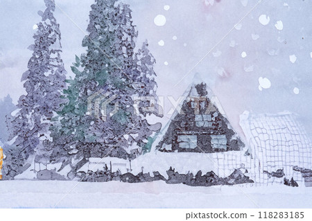 [World Heritage Site] Heavy snowfall in Shirakawa-go, Three Union Palms, Watercolor style [Gifu Prefecture] 118283185