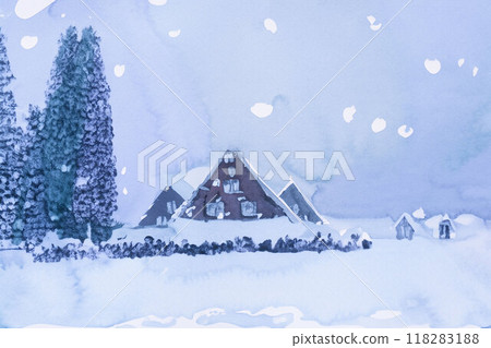 [World Heritage Site] Heavy snowfall in Shirakawa-go, Three Union Palms, Watercolor style [Gifu Prefecture] 118283188