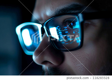 Close-up of Coder with Glasses Reflected in Code Close-up of Coder with Glasses Reflected in Code 118283328